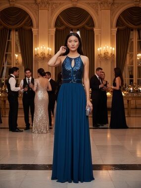Morgan & Co. Sequin A-Line Gown in Peacock Blue NWT
